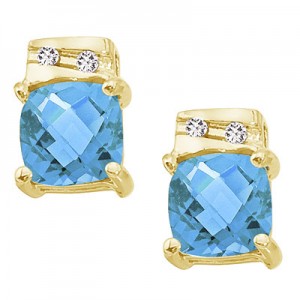 14K Yellow Gold 5 mm Blue Topaz and Diamond Earrings