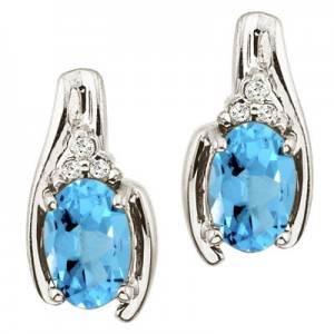 14K White Gold Oval Blue Topaz and Diamond Earrings