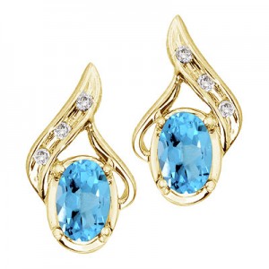 14K Yellow Gold Oval Blue Topaz and Diamond Earrings