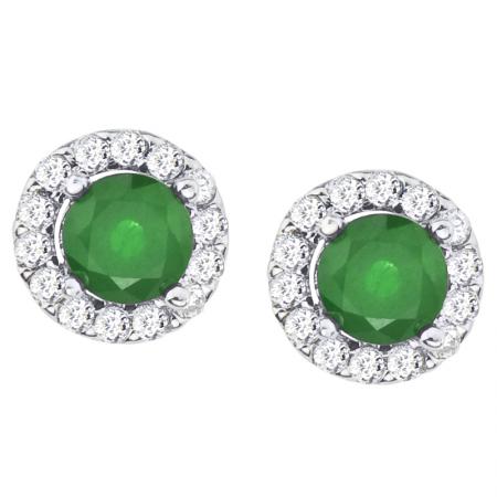 14K White Gold Precious 5 mm Round Emerald and Diamond Halo Earrings