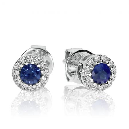 14k White Gold Precious Sapphire and Diamond Round Earrings