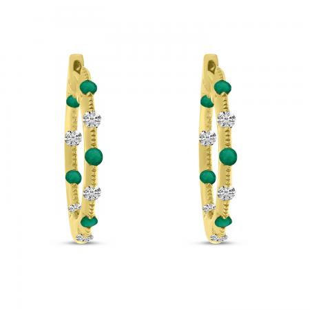 14K Yellow Gold Tension Set Alternating Emerald and Diamond Hoop Earrings