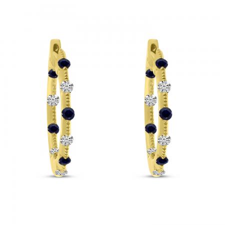 14K Yellow Gold Tension Set Alternating Sapphire and Diamond Hoop Earrings