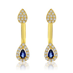 14K Yellow Gold Pear Shape Sapphire and Diamond Double Fashion Earrings