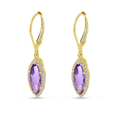 14K Yellow Gold Marquise Amethyst with Diamond Halo Leverback Earrings