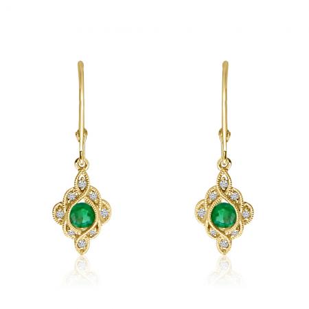 14K Yellow Gold Round Emerald and Diamond Leverback Earrings