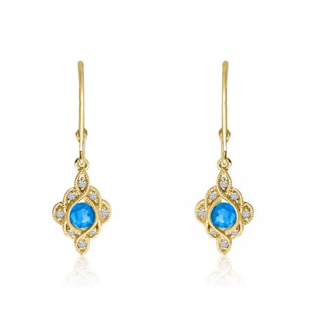 14K Yellow Gold Round Blue Topaz and Diamond Leverback Earrings