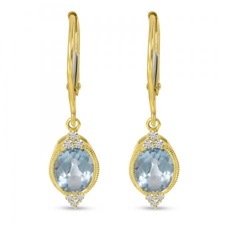 14K Yellow  Gold Oval Aquamarine and Diamond  Millgrain Post Earrings