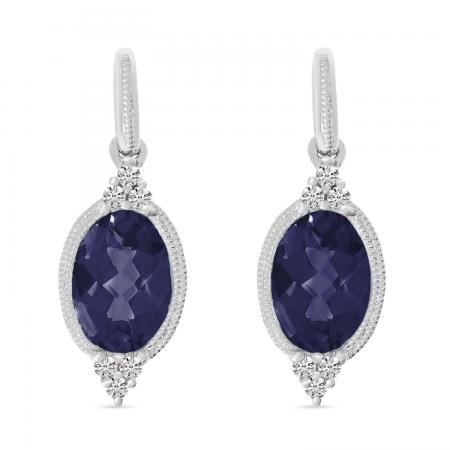 14K White Gold Oval Sapphire and Diamond  Millgrain Post Earrings