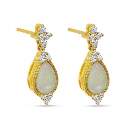 14K Yellow Gold Milgrain Pear Shaped Opal and Diamond Earrings