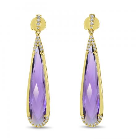 14K Yellow Gold Elongated Pear Amethyst and Diamond Earrings