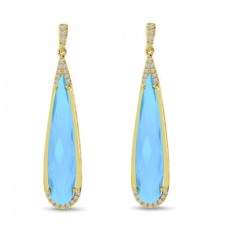 14K Yellow Gold Elongated Pear Blue Topaz  and Diamond Earrings