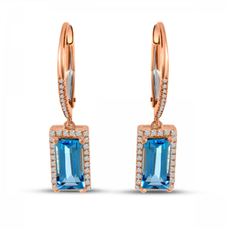 14K Rose Gold Emerald Cut Blue Topaz and Diamond Semi Precious Earrings