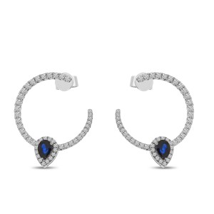 14K White Gold Pear Sapphire and Diamond Front Hoop Precious Earrings