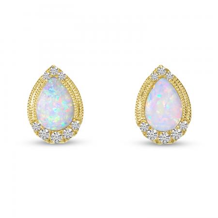 14K Yellow Gold Pear Cut Opal and Diamond Earrings