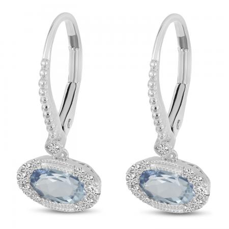 14K White Gold Oval Aquamarine and Diamond Halo East to West Lever ack Earrings