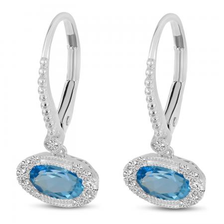 14K White Gold Oval Blue Topaz and Diamond Halo East to West Lever ack Earrings