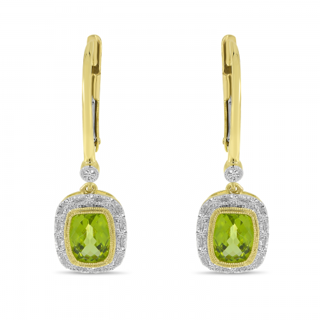 14K Yellow Gold Diamond Halo Cushion Peridot Earrings