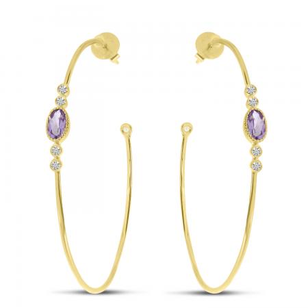 14K Yellow Gold Oval Amethyst and Diamond Wire Hoop Post Earrings