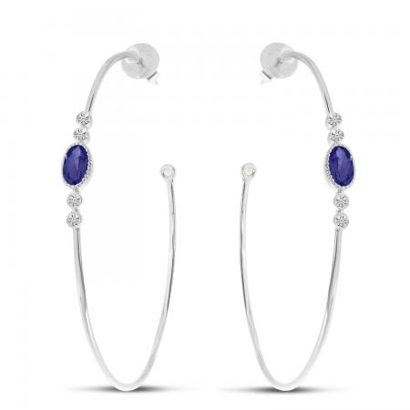 14K White Gold Oval Sapphire and Diamond Wire Hoop Post Earrings