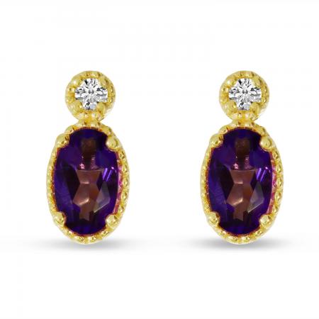 14K Yellow Gold Oval Amethyst Millgrain Birthstone Earrings