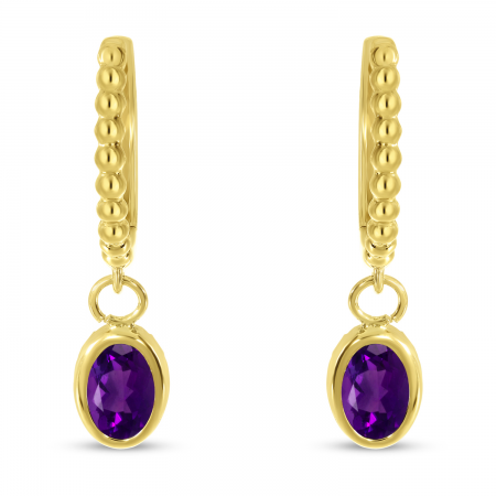 14K Yellow Gold Oval Amethyst Dangle Birthstone Textured Huggie Earrings