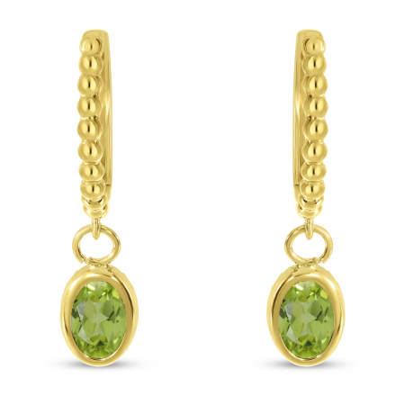 14K Yellow Gold Oval Peridot Dangle Birthstone Textured Huggie Earrings