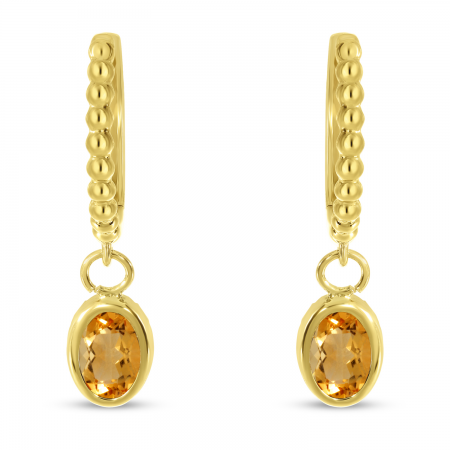 14K Yellow Gold Oval Citrine Dangle Birthstone Textured Huggie Earrings