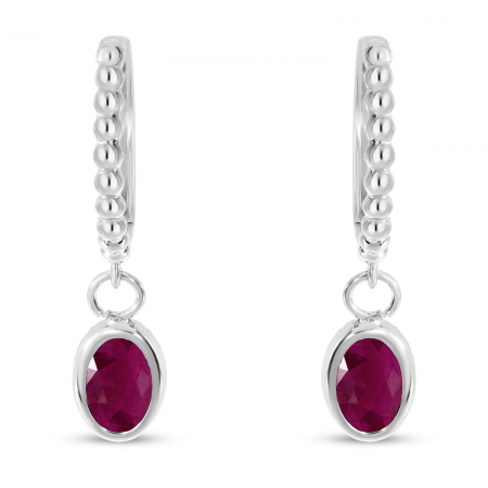 14K White Gold Oval Ruby Dangle Textured Huggie Earrings