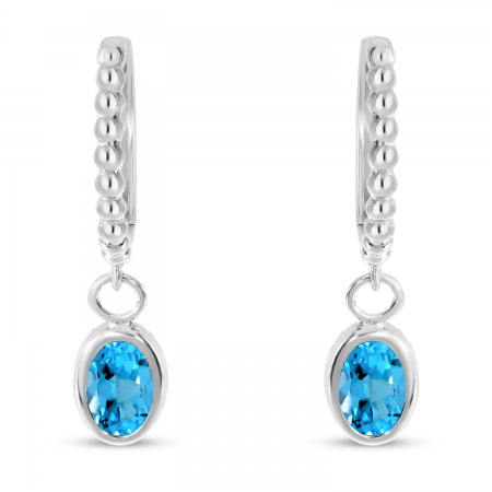 14K White Gold Oval Blue Topaz Dangle Textured Huggie Earrings