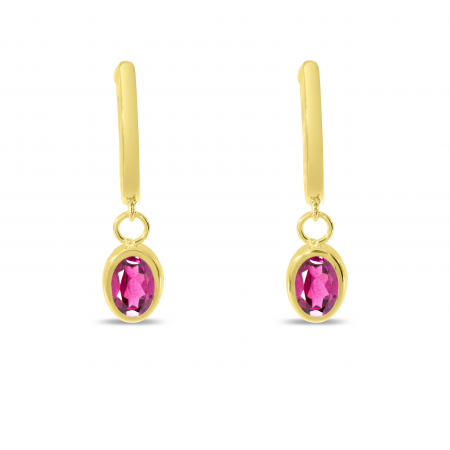 14K Yellow Gold Oval Pink Tourmaline Dangle Birthstone Huggie Earrings