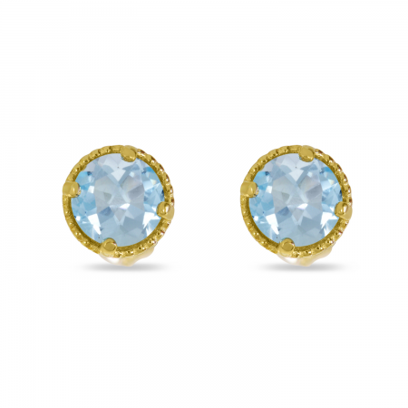 14K Yellow Gold 4mm Round Aquamarine Millgrain Halo Earrings