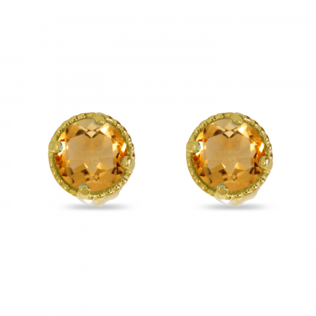 14K Yellow Gold 4mm Round Citrine Millgrain Halo Earrings