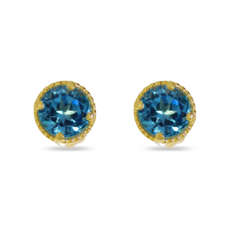 14K Yellow Gold 4mm Round Blue Topaz Millgrain Halo Birthstone Earrings