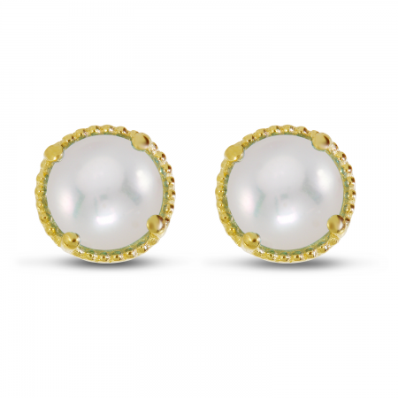 14K Yellow Gold 5mm Round Pearl Millgrain Halo Earrings