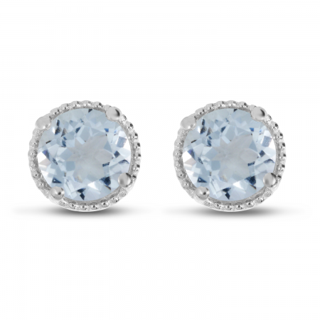 14K White Gold 5mm Round Aquamarine Millgrain Halo Earrings