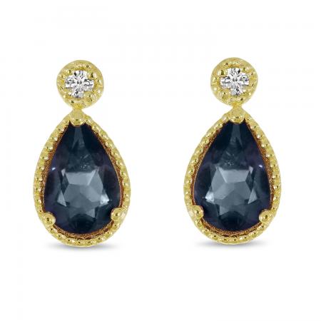 14K Yellow Gold Pear Sapphire and Diamond Millgrain Birthstone Earrings