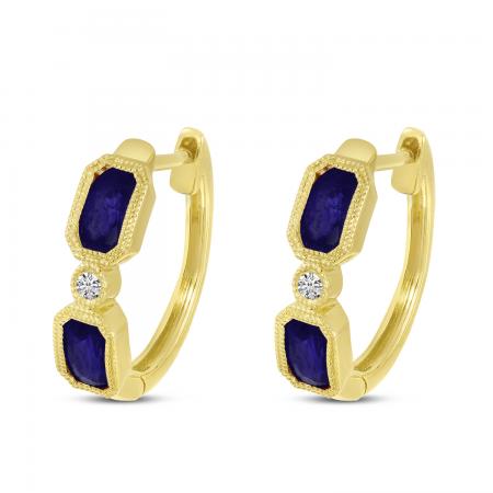 14K Yellow Gold Hexagon Sapphire and Diamond Huggie Earrings