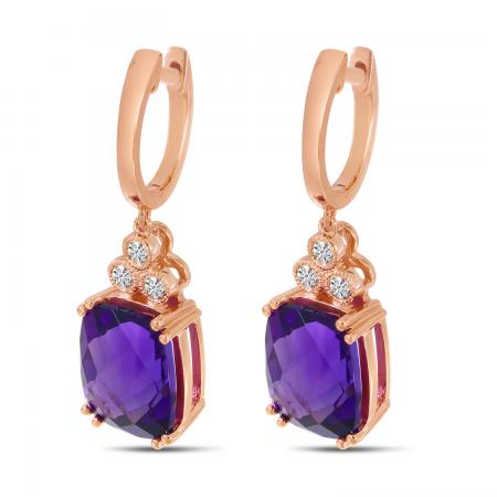 14K Rose Gold Cushion Amethyst and Diamond Millgrain Earrings