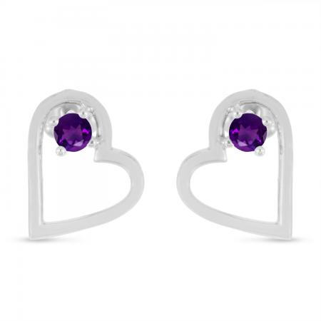 14K White Gold Round Amethyst Open Heart Post Earring