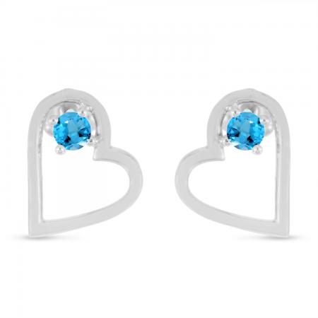 14K White Gold Round Blue Topaz Open Heart Post Earring