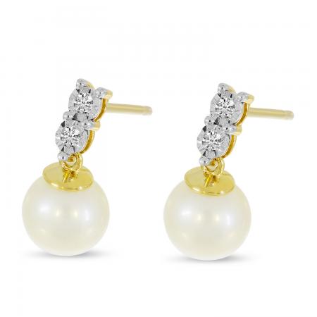 14K Yellow Gold Pearl and Two Diamond Post Earrings