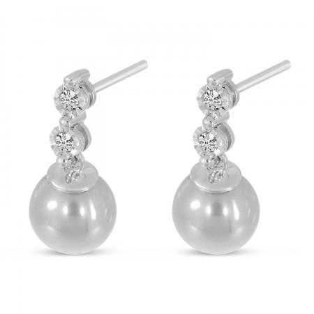 14K White Gold Pearl and Two Diamond Drop Post Earrings