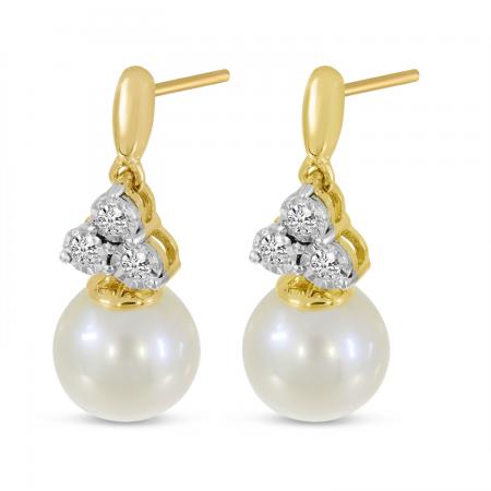 14K Yellow Gold Pearl and Diamond Triangle Post Earring