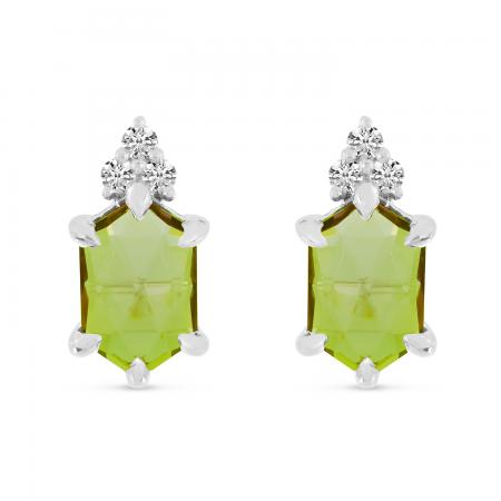 14K White Gold Hexagon Peridot and Diamond Post Earrings