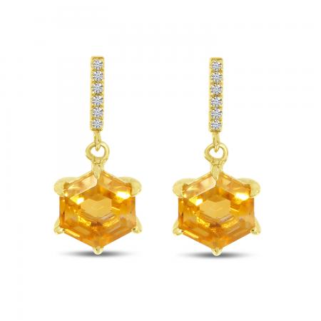 14K Yellow Gold Hexagon Citrine with Diamond Semi Precious Earrings