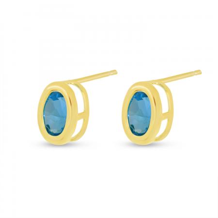 14K Yellow Gold Oval Blue Toapz Bezel Birthstone Stud Earrings