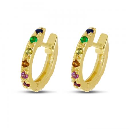 14K Yellow Gold Round Rainbow Sapphire and Half Diamond Huggie Earrings