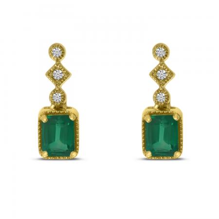 14K Yellow Gold Emerald Cut Emerald and Diamond Precious Earrings