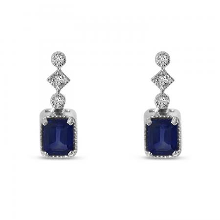 14K White Gold Emerald Cut Sapphire and Diamond Precious Earrings